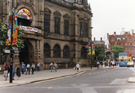 Decorations for the European Football Championships outside the Town Hall, Pinstone Street looking towards Prudential Buildings