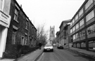 Nos. 13 - 19 (left), Regent Street looking towards Portobello and St George's Church with Minalloy House and Regents Court, University of Sheffield right after the junction with Pitt Street