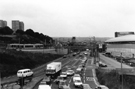 View: s24309 Elevated view of Sheaf Street looking towards Sheffield Midland railway station with Supertram; Claywood Flats left and Ponds Forge Sports Centre right
