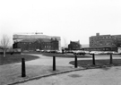 Surrey Place (formerly Eyre Street) looking towards the rear of The Surrey public house (formerly the Masonic Hall) and Central Library, Surrey Street with the Local Taxation and Licences Office and Leader House and Owen Building, Hallam Univ