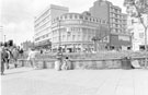 View: s24454 Goodwin Fountain, Fargate with Barkers Pool left and Leopold Street right showing (left to right) New Oxford House Offices;Yorkshire House and H.L Brown and Son Ltd, jewellers and Fountain Precinct Offices