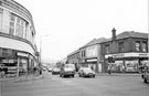 Bradfield Road from the junction of Middlewood Road (left) and Langsett Road (right) showing Greenwoods Menswear Ltd.; Shakespeare Inn sign and William Timpson Ltd., shoe shop 