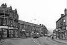 View: s25555 Holme Lane from the junction with Walkley Lane left showing Nos. 23; 25, The Brewmart, home brew centre; 27, etc. 