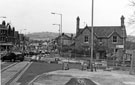 View: s25721 Construction of Supertram, Middlewood Road at the junction with Parkside Road showing the Hospital and Home Education Service Office, Hillsborough House right 