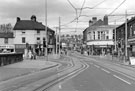 View: s25724 Supertram tracks at Hillsborough Corner, Langsett Road looking towards Middlewood Road with Holme Lane left and Bradfield Road right