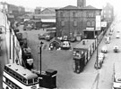 Elevated view of the entrance to Wicker Goods Station, Spital Hill (left) and Savile Street (right) from the Wicker Arches after October 1960, before 1962