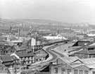 View: s25830 Nos. 77-79, J.H. Mudford and Sons Ltd., rope and twine manufacturers, Broad Street and No. 15, The Durham Ox public house, Broad Street Lane; Snow Hill right and Cricket Inn Road looking towards Attercliffe