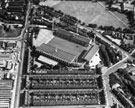 Aerial view Hillsborough football ground with Leppings Lane right; Penistone Road left; Catch Bar Lane and Parkside Road top