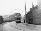 Tram No. 279 on Neepsend Lane looking towards Rutland Road with Neepsend Gas Works gas holders visible left