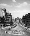 View: s26244 Elevated view of Fargate looking towards Kemsley House, High Street with The Yorkshire Penny Bank right; Cantors, furniture store; Dean and Dawson Ltd., travel agents; Legal and General Assurance left 