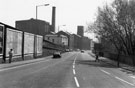 Nursery Street looking towards No. 108 Manchester Hotel and John Aizlewood Ltd., Crown Flour Mills with approach to Bridgehouses Goods Depot left and River Don right Corn Mill and Holy Trinity Church