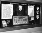 View: s26266 Harry Brearley Centenary Exhibition, first floor landing display case, Central Library, Surrey Street