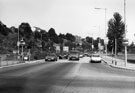 Penistone Road at the junction with Wood Street (left) and Hill Foot Bridge (right) looking towards the Pigeon Lofts (left