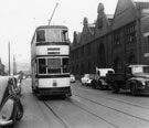 Tram No. 85 travelling past Bus and Tram Depot, Queens Road (1955-60)