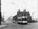 No. 265 Tram turning out of Shoreham Street into Queens Road with St. Wilfrids R. C. Church in the background