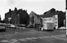 Spring Street from Love Street showing the junction of Workhouse Lane and the rear of Gain More, carpet warehouse and other premises on Corporation Street