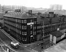 Elevated view of Sheffield City Council Housing Department Offices occupying former premises of Joseph Rodgers and Sons Ltd., River Lane Works at the junction of Pond Hill (left) and River Lane