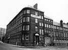 View: s28172 Sheffield City Council Housing Department Offices occupying former premises of Joseph Rodgers and Sons Ltd., cutlery manufacturers, River Lane Works at the junction of Sheaf Street (left) and Pond Hill