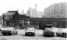 View: s28284 Former George Senior and Sons Ltd., Ponds Forge, Sheaf Street during demolition with (left to right) Hyde Park and Park Hill Flats in the background