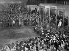 Queen Elizabeth II accompanied by HRH Duke of Edinburgh watching the students masque in the quadrangle at Sheffield University during the royal visit  