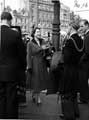Queen Elizabeth II and HRH Duke of Edinburgh being greeted outside the Town Hall by Lord Mayor, J.H. Bingham 