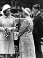 Queen Elizabeth II speaking to Lord Mayor, Winifred Golding and Consort Mr. Arthur Golding, Hillsborough Park 
