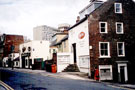 View: t00590 Campo Lane at junction with Paradise Street, looking towards Hawley Street, Goffs, estate agents and surveyors on corner, Shenanigans public house in background