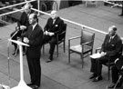 HRH Duke of Edinburgh speech at the opening of English Steel Corporation, Tinsley Park Works, Shepcote Lane with Viscount Knollys [Edward Knollys (1895-1966)], chairman of E.S.C. with seated extreme right