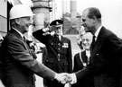 HRH Duke of Edinburgh being greeted by Viscount Knollys [Edward Knollys (1895-1966)], chairman of English Steel Corporation at the opening of Tinsley Park Works, Shepcote Lane accompanied by Lord Mayor, Isidore Lewis