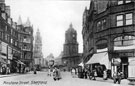 View: t00969 Pinstone Street, looking towards St. Paul's Church and Town Hall, premises on left include Nos. 60 - 62 Stewart and Stewart, tailors and Sheffield Cafe Co., Wentworth Cafe