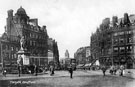 View: t00975 Fargate from Town Hall Square, Queen Victoria Monument and Bank Chambers, left, Albany Hotel and Yorkshire Penny Bank, right