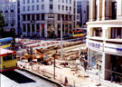 View: t01323 Construction of Supertram, Fitzalan Square/High Street from Haymarket Bridge. Marples Hotel, No. 4 Fitzalan Square in background
