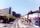 Infirmary Road during the construction of Supertram from the former Royal Infirmary Entrance towards Kelvin Flats in the background (at beginning of demolition)