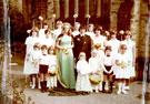 May Queen and Sunday School Captain (Helen Gough and Carl Hague) and Attendants, outside Greenhill Methodist Church, School Lane