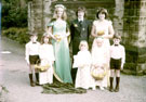 May Queen and Sunday School Captain (Helen Gough and Carl Hague) and Attendants, outside Greenhill Methodist Church, School Lane