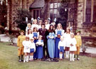 May Queen and Sunday School Captain (Lindsay ? and John Mellor) and Attendants, outside Greenhill Methodist Church, School Lane