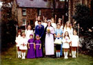 May Queen and Sunday School Captain (Hilary Fielden and Christopher Harding) and attendants, outside Greenhill Methodist Church, School Lane
