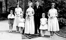 May Queen and Sunday School Captain (Gillian Cowling and Peter Haddock) and attendants, outside Greenhill Methodist Church, School Lane