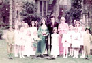 May Queen and Sunday School Captain (Alison Hart and Kim Pollard) and attendants, outside Greenhill Methodist Church, School Lane
