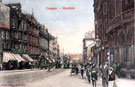 View: t01525 Fargate looking towards High Street, 1900 - 1905, including tram No. 110, No. 44 Green Dragon Hotel on left (later became Winchester House) and Davy's Buildings, Yorkshire Penny Bank, right