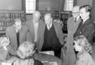 Committee visit, Hillsborough Branch Library, Middlewood Road. Group includes John Bebbington, City Librarian, left and Alex Shawyer, extreme right
