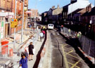 View: t02025 West Street during the construction of Supertram. Beehive Hotel, left