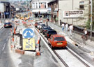 Langsett Road at Hillsborough Bridge, looking towards the junction of Holme Lane, Middlewood Road and Bradfield Road, during the construction of Supertram