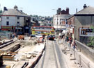 Langsett Road at Hillsborough Bridge, looking towards the junction of Holme Lane, Middlewood Road and Bradfield Road, during the construction of Supertram Langsett Road at Hillsborough Bridge, looking towards the junction of Holme Lane, Middlewood Road and Bradfield Road, during the construction of Supertram