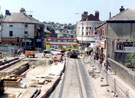 Langsett Road at Hillsborough Bridge, looking towards the junction of Holme Lane, Middlewood Road and Bradfield Road, during the construction of Supertram