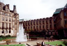 Town Hall and Town Hall Extension (known as the Egg Box (Eggbox)) showing Peace Gardens Fountains