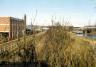 View: t02768 Supertram tracks (extreme left), Railway and Tinsley Locks near Supertram Stop at Carbrook
