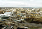 View: t02786 Elevated view of Supertram Construction of Bowstring Bridge at Park Square looking towards Commercial Street with  Ponds Forge Sports Centre (left) and Sheaf Market (right)