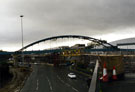 View: t02828 Construction of Bow String Bridge and Supertram Viaduct, Park Square roundabout looking towards Ponds Forge and Commercial Street (right)