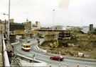View: t02830 Construction of Supertram Viaduct, Park Square roundabout showing the junction with Commercial Street and Hotel Bristol formerly Smithfield House (right)